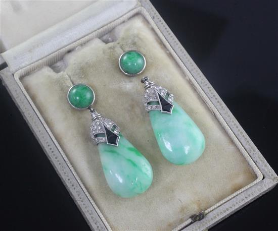 A pair of 1930s Art Deco jade, black onyx and diamond set pear shaped drop earrings, 1.5in.